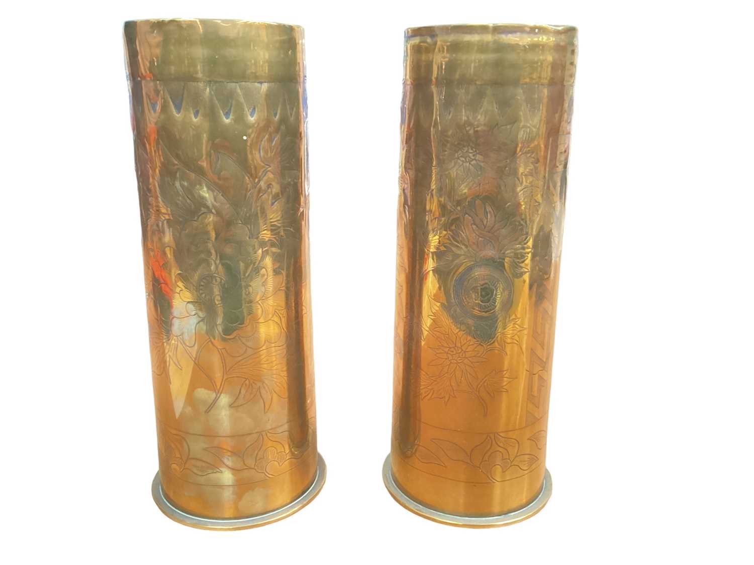 Pair of First World War brass trench art vases with Japanese style decoration, together with other b - Image 2 of 6