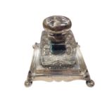 Large silver mounted glass inkwell on silver stand