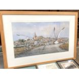 Large print of Maldon from the river in glazed frame, two other Maldon prints, Maldon Advertiser and