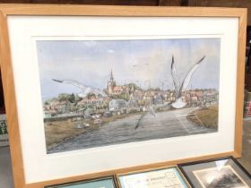 Large print of Maldon from the river in glazed frame, two other Maldon prints, Maldon Advertiser and