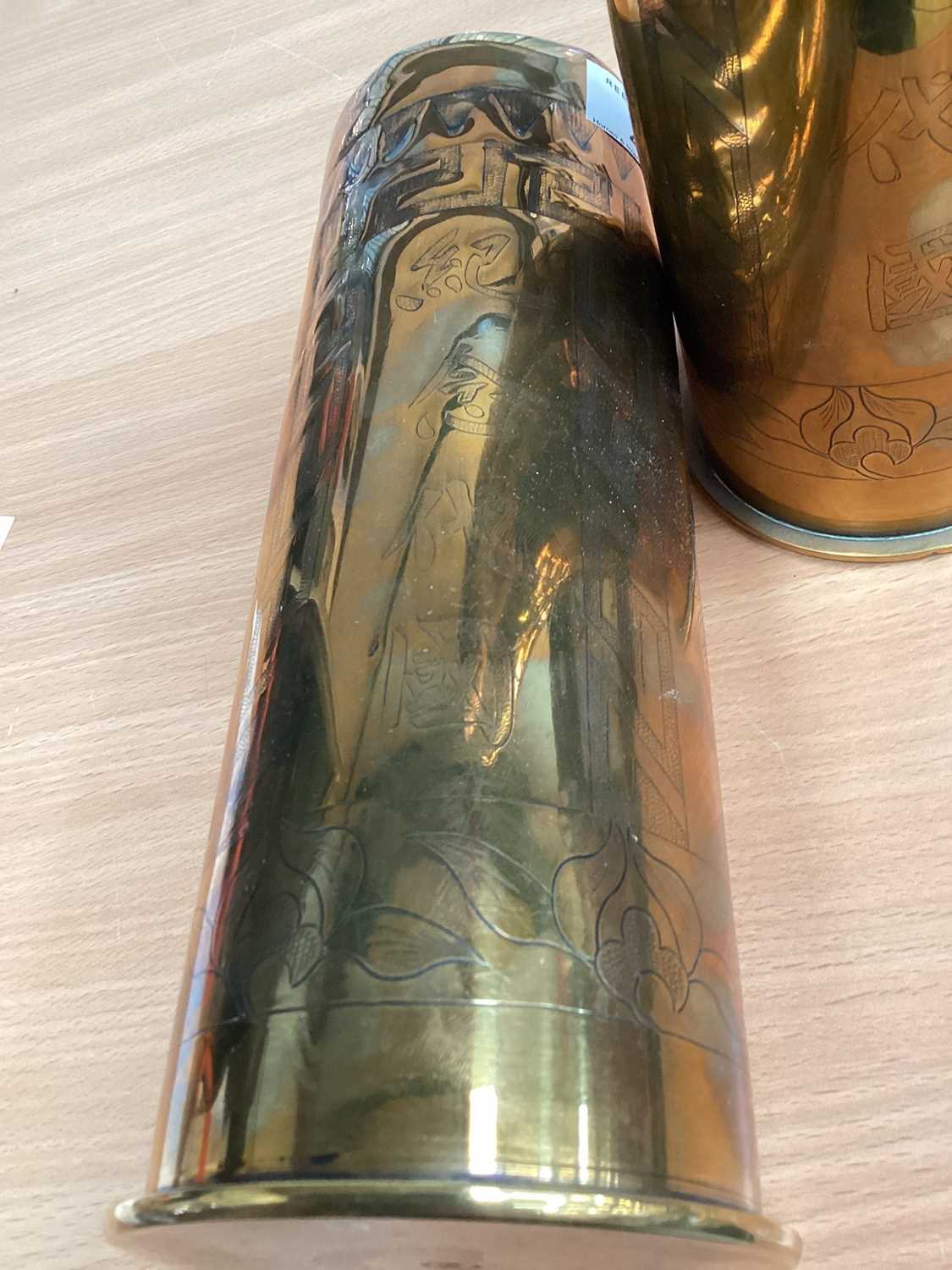 Pair of First World War brass trench art vases with Japanese style decoration, together with other b - Image 5 of 6