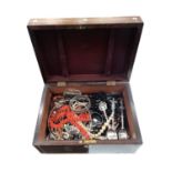 Victorian rosewood box containing costume jewellery, silver and bijouterie