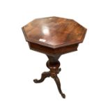 Victorian rosewood trumpet shaped needlework table with fitted interior, on tripod base