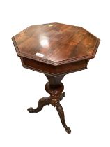 Victorian rosewood trumpet shaped needlework table with fitted interior, on tripod base