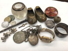 Antique Chinese silver buckle, silver pencil, silver mounted vesta globe and other items