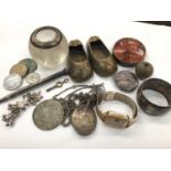 Antique Chinese silver buckle, silver pencil, silver mounted vesta globe and other items