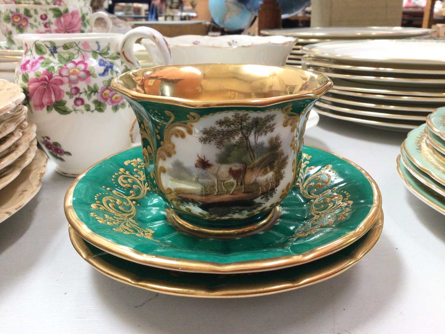 Group of 19th century and later tea and dinner ware, pair of urns with green and gilt decoration and - Image 3 of 5