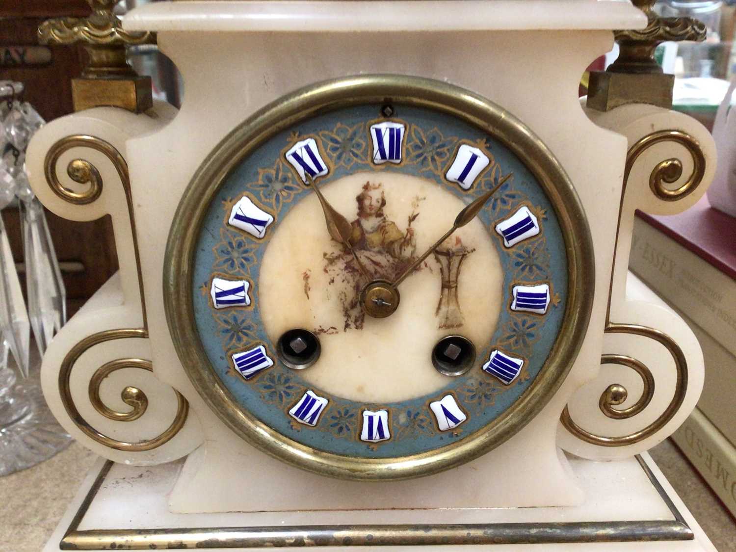 Victorian alabaster mantle clock with brass mounts, 36.5cm high - Image 3 of 6