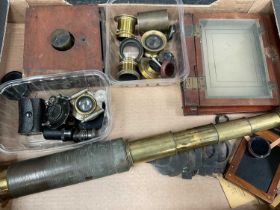 Victorian four drawer telescope, lenses and plate camera elements