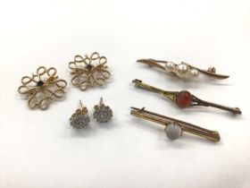Pair of diamond flower head cluster earrings, pair of 9ct gold brooches and three 9ct gold gem set b