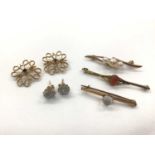 Pair of diamond flower head cluster earrings, pair of 9ct gold brooches and three 9ct gold gem set b