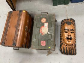 Japanned tin trunk, ammounition box and a carved Nigerian mask (3)