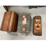 Japanned tin trunk, ammounition box and a carved Nigerian mask (3)