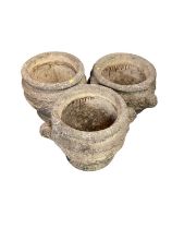 Three concrete garden planters with scroll handles, 41cm high, 40cm diameter