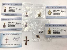 Five 9ct gold mounted gem set pendants with certificates and two pearl necklaces with 9ct gold clasp