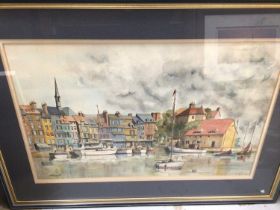 Large group of pictures and prints including a watercolour study 'Harbour at Honfleur', other landsc