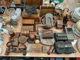 Collection of various green items to include gavels, letter rack and printing blocks.