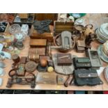 Collection of various green items to include gavels, letter rack and printing blocks.