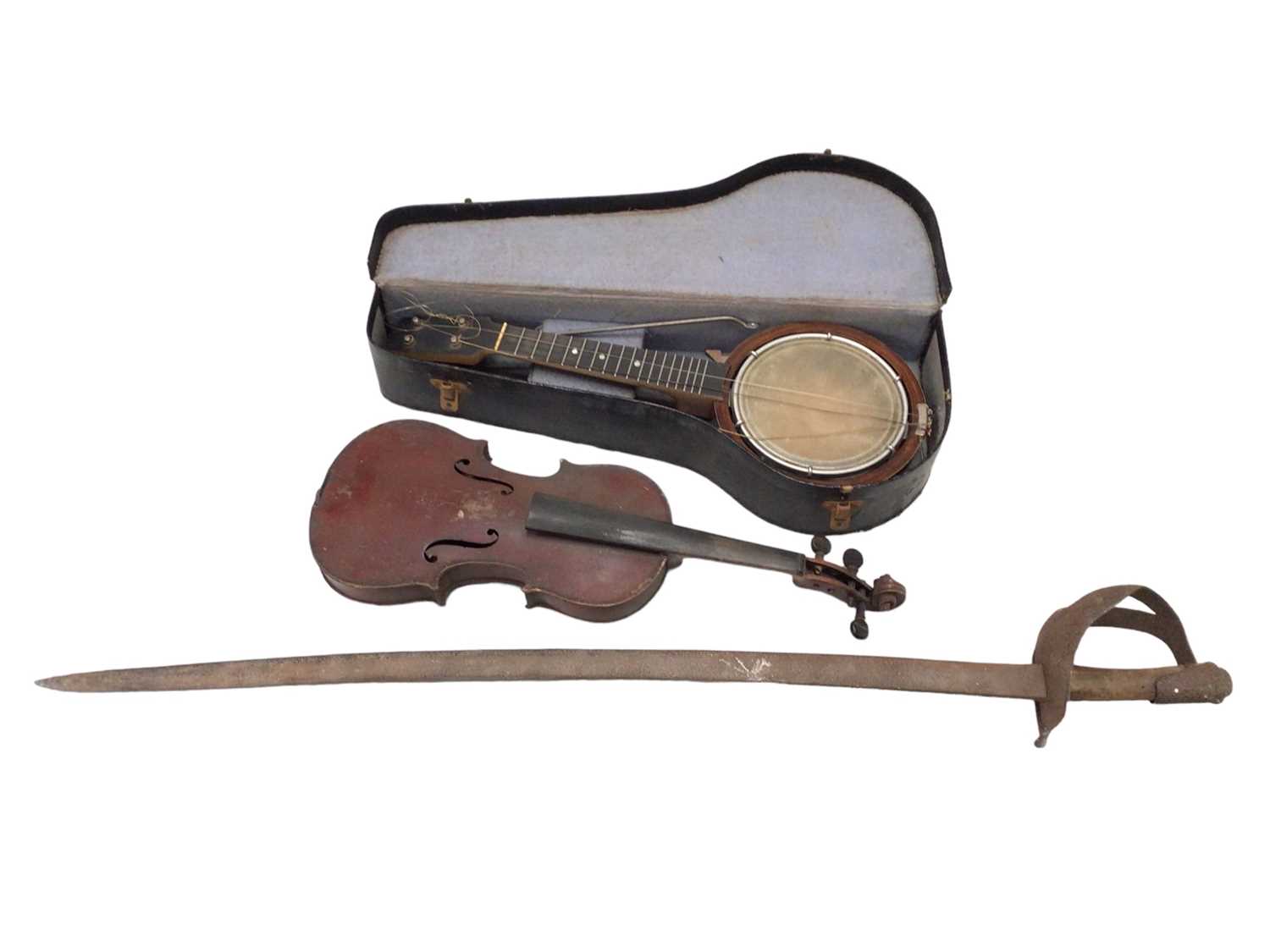 Antique sword, old violin and a ukulele-banjo in case (3)