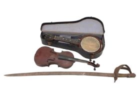 Antique sword, old violin and a ukulele-banjo in case (3)