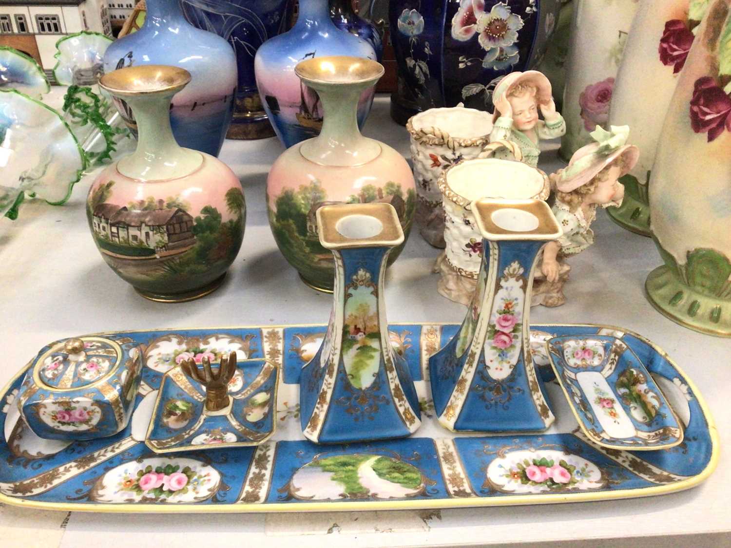 Group of Victorian and later pairs of vases, large painted glass vase with cover, Noritake ceramic d - Image 3 of 5