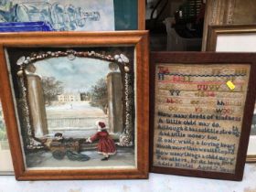 Victorian collage, a sampler, watercolour study of Groton Chruch, oil on canvas portrait of a woman,
