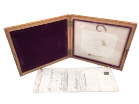 Victorian memorial pencil sketch of a young girl 'Clement' dated March 6 1844 in a glazed oak case,