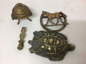 Brass tortoise, a door knocker, a sovereign scales and a small vase and cover