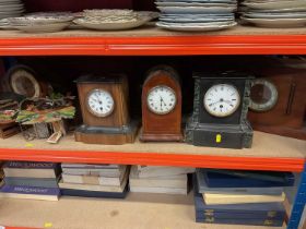 Group of clocks, including Victorian slate clock, cuckoo clocks, etc (1 shelf)