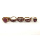 Five 9ct gold pink and red gem set dress ring