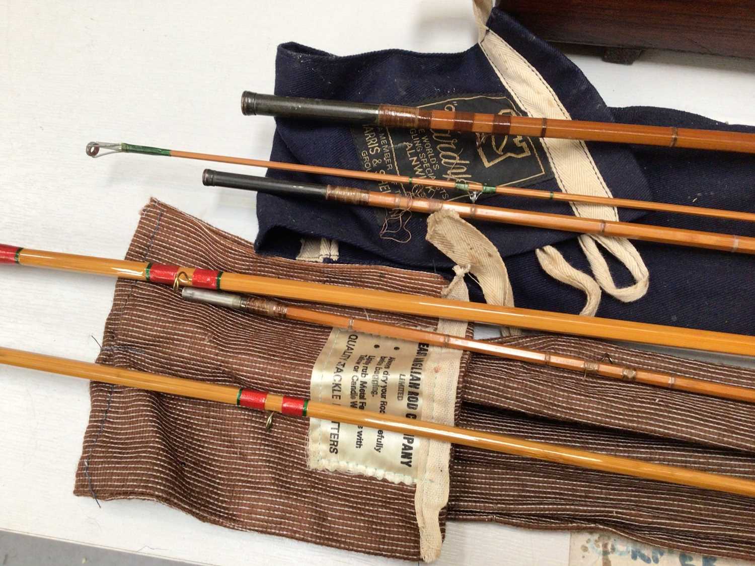 Wooden case containing fishing reels, tackle etc and two vintage rods - Image 7 of 8