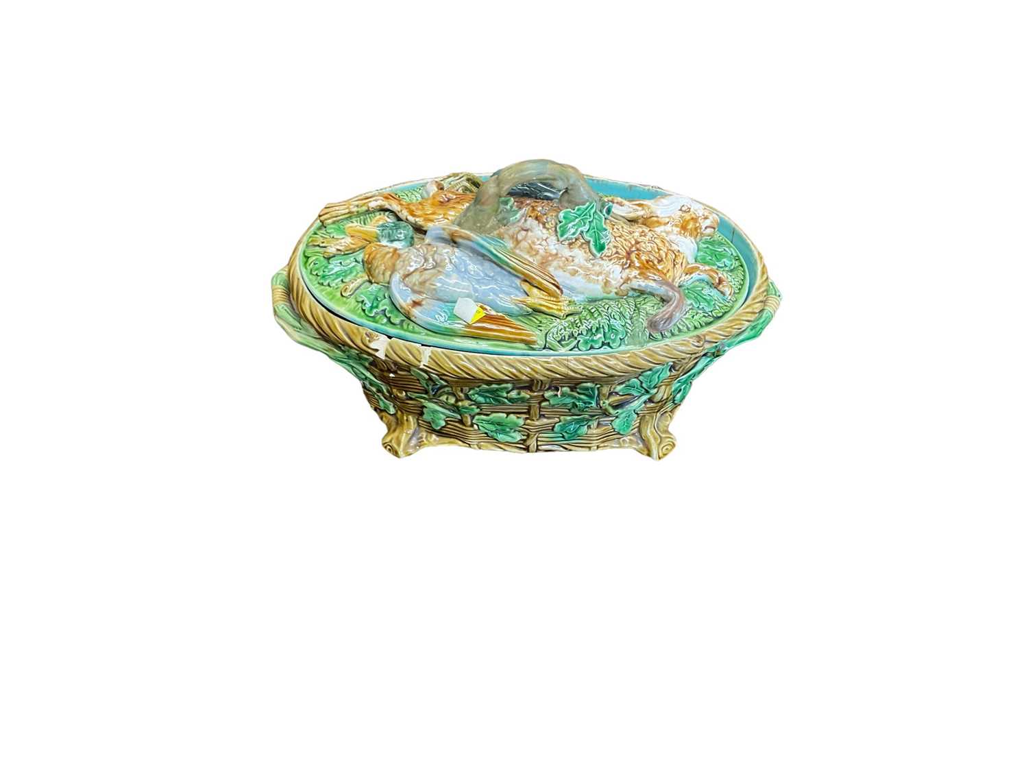 Minton style majolica game pie dish, damaged, together with Wedgwood style leaf dishes and an art de - Image 3 of 3