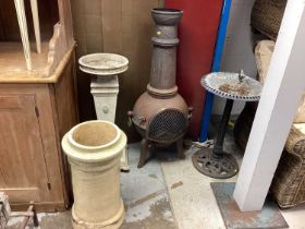 Cast iron garden chimney, iron bird bath, another bird bath and a chimney pot (4)