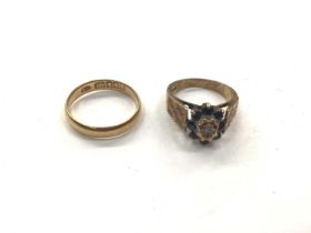 Victorian Scottish 18ct gold wedding ring and a 9ct gold sapphire and diamond cluster ring (2)