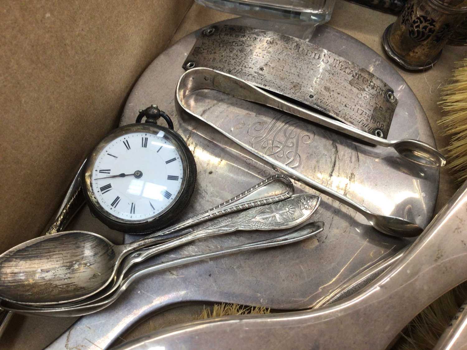 Silver backed dressing table items, silver teaspoons, silver buckle bangle, silver cased fob watch, - Image 3 of 4