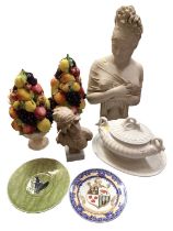 Two resin female busts, a pair of decorative fruit urn ornaments, two plates and a tureen with cover