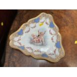19th century Dresden porcelain trefoil dish, finely painted with cherubs on scale blue and gilt bord