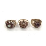 9ct gold opal and garent cluster ring and two other 9ct gold garnet cluster rings (3)