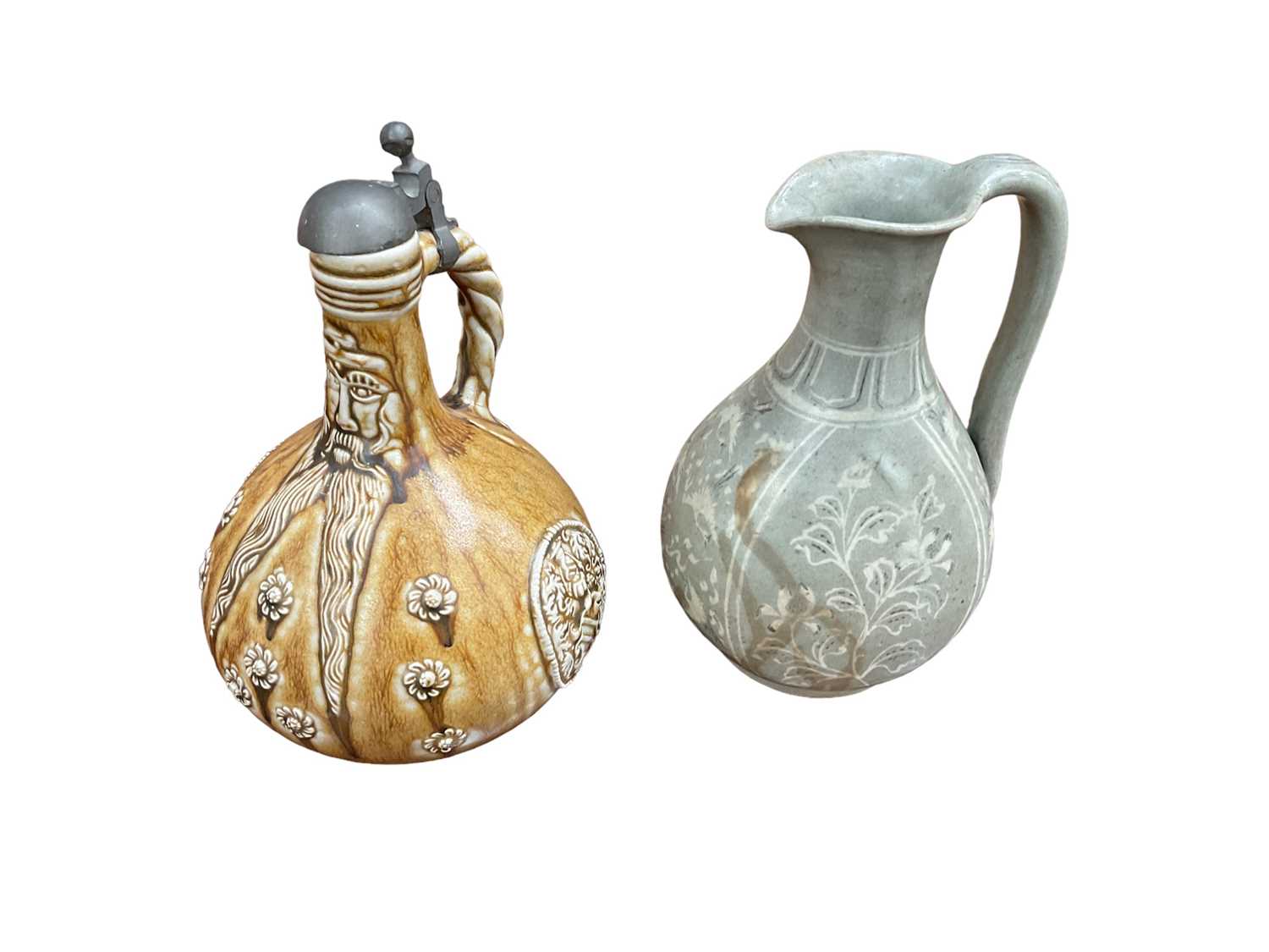 Korean celadon glazed pottery ever and a German saltglazed pottery bellarmine jug (2)