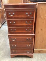 Reproduction narrow yew wood tallboy chest of six drawers