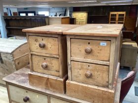 Pair Victorian pine bedside chests of two drawers with bun handles