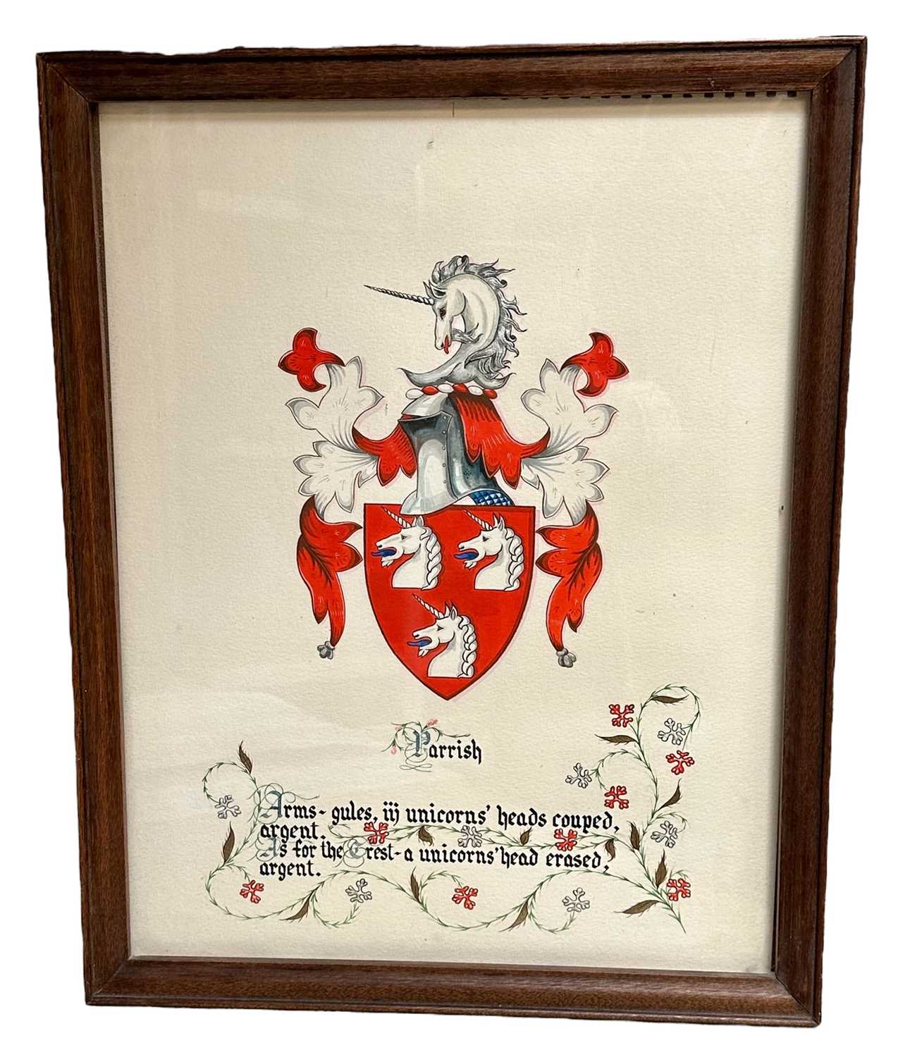 Decorative watercolour illustrating the arms of the Parrish family, in glazed frame, 43cm x 34cm ove