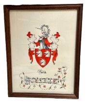 Decorative watercolour illustrating the arms of the Parrish family, in glazed frame, 43cm x 34cm ove