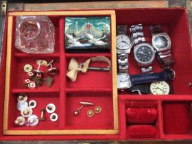 Wooden work box containing wristwatches, two 18ct gold studs, other studs, one 9ct gold cufflink and