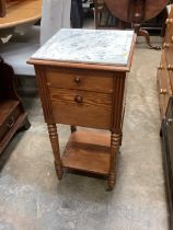 Victorian pine pot cupboard with marble top and marble lined interior on turned legs with undertier
