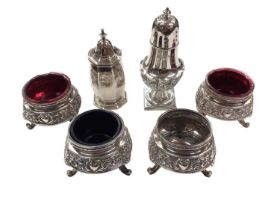 Set of four silver salts and two silver pepperettes