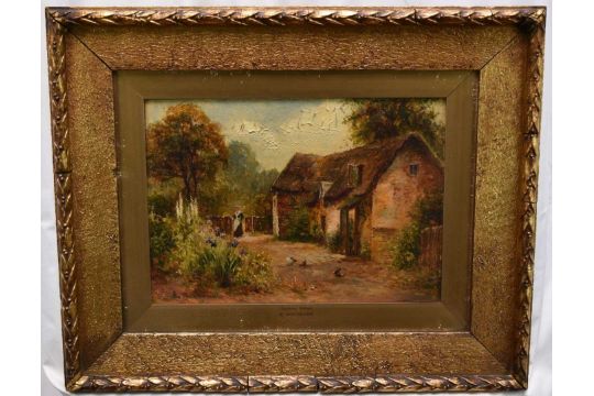 Earnest Walbourn 1872 - 1927, oil on canvas, lady and her chickens by a Cheshire cottage, signed, in - Image 1 of 8