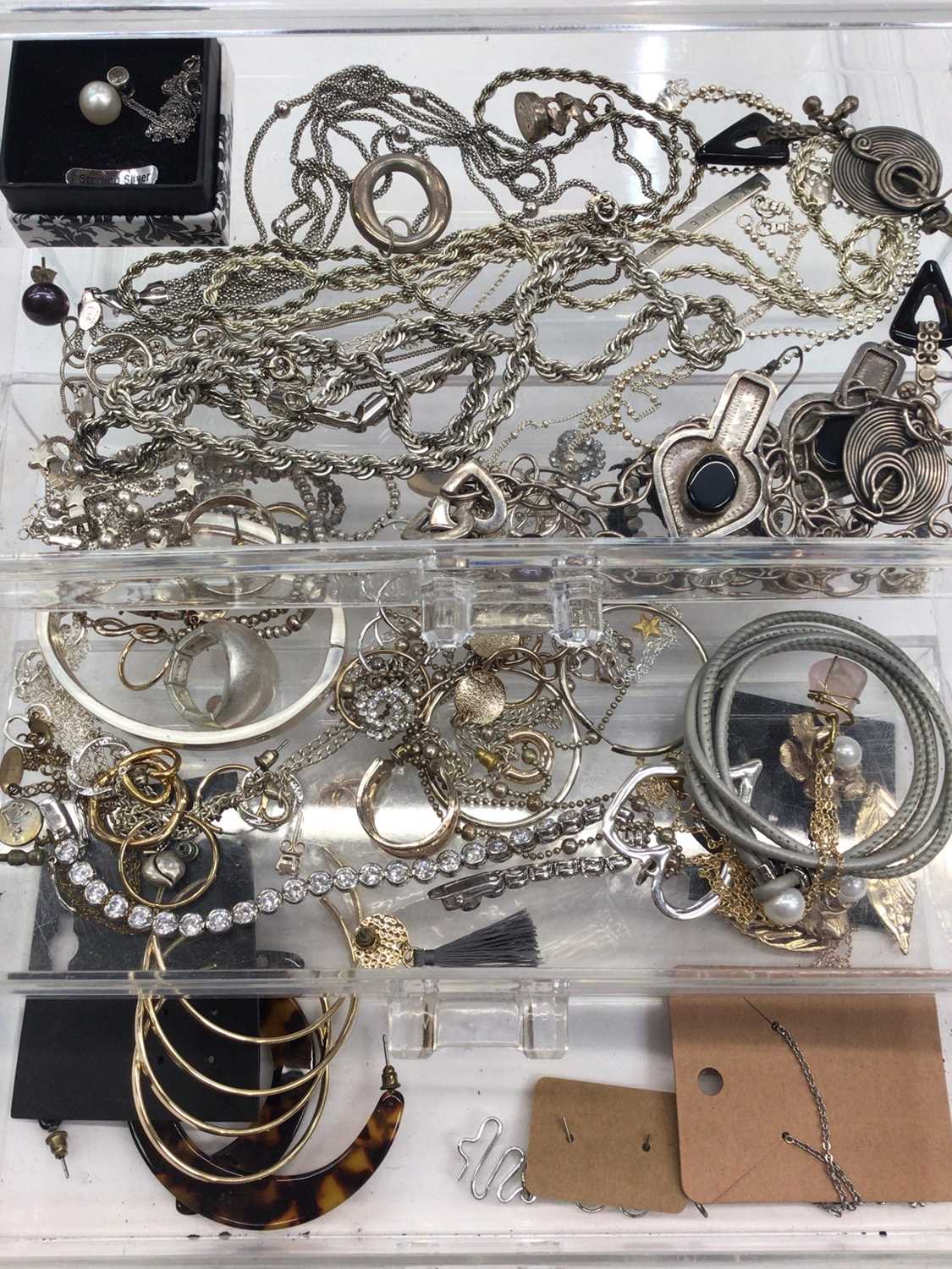 Group of silver and white metal chains, pendants, earrings etc, together with other costume jeweller