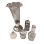 Silver mounted glass trumpet vase, four silver mounted glass jars/bottles and a silver plated emboss