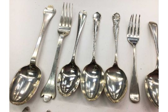 Group of various silver teaspoons and flatware, pair of silver sugar tongs, silver mounted nail buff - Image 2 of 4